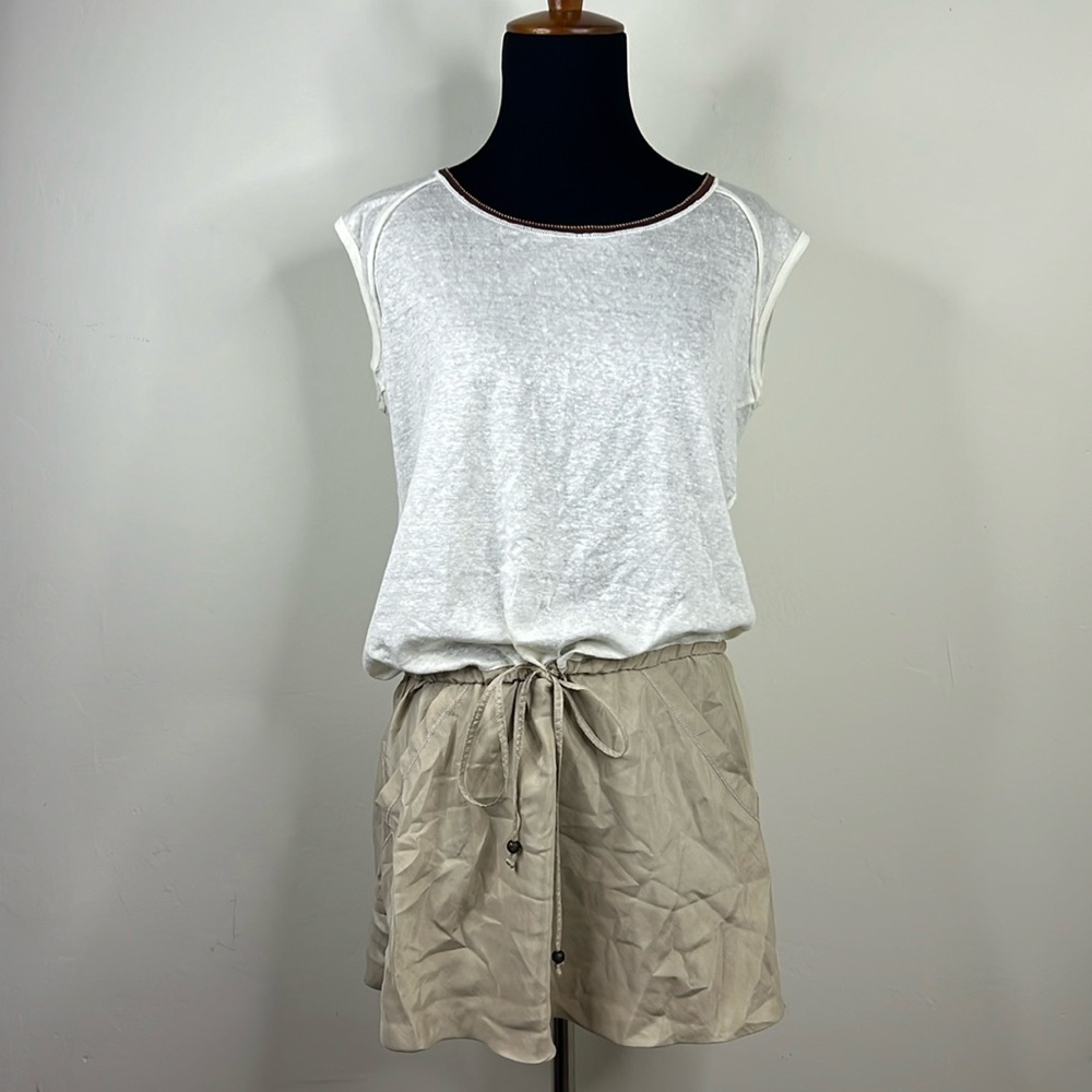 LAMBERTO LOSANI Linen/Silk Cream Drawstring Mini Dress S